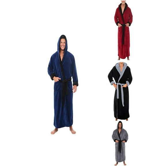Afuyipoi Mens Robe,Long Sleeved Warm With Pockets Fleece Warm Plush Hooded Bathrobes Blue M
