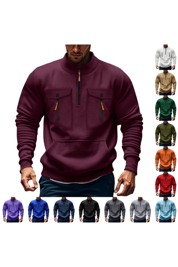 Mens Stand Up Collar Sweatshirts, Quarter Zip Fall Winter Sport Pullover Top with Zipper Pocket Purple L