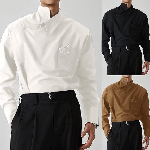 Afuyipoi Mens T-shirts,Irregular Pocket Long - Sleeve Solid - Hued Button - Front Shirts White XL