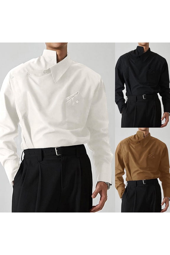 Mens T-shirts,Long - Sleeve Irregular Pocket Solid - Hued Button - Front Shirts White 2XL