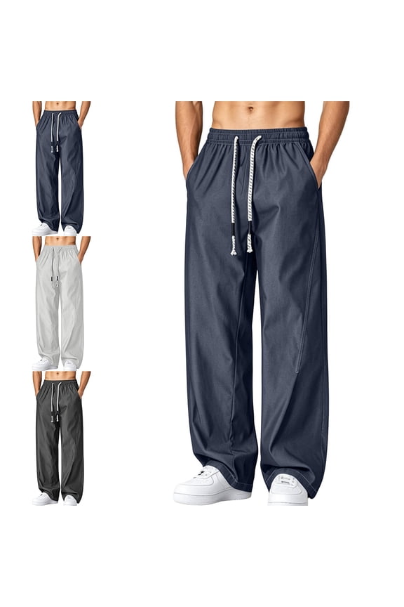Mens Track Pants Drawstring Elastic Waist Wide Leg Loose Straight Split Seam Casual Outdoor Trousers Size M-4XL Black Size M