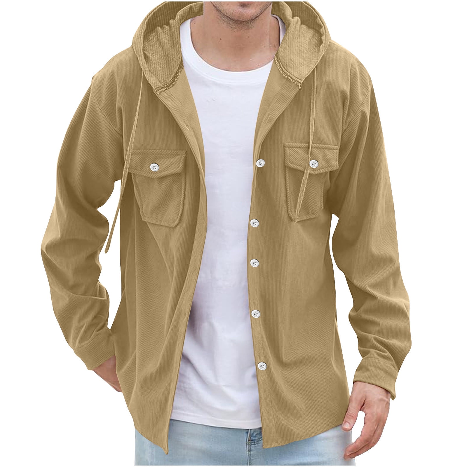 Trend4us Men’s Corduroy Button-Up Hooded Shirt Jacket