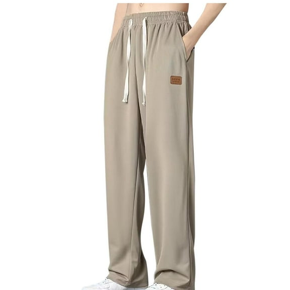 Afuyipoi Oversized Khaki Straight Leg Pants for Men,Ice Silk Relaxed Loose Drawstring Casual Sports Long Pants Khaki 3XL/44