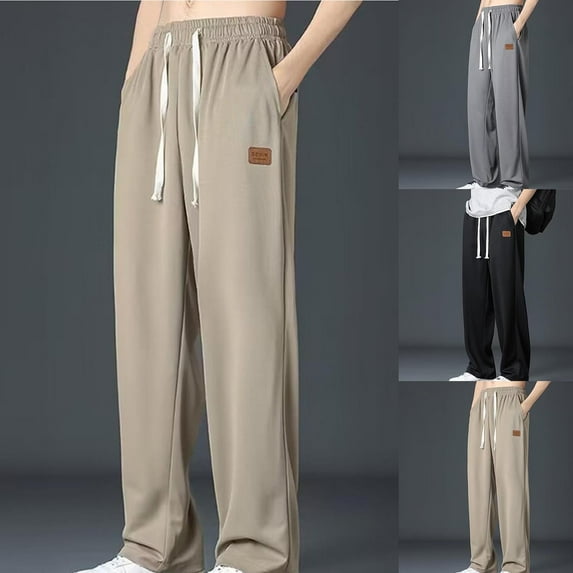 Afuyipoi Oversized Khaki Straight Leg Pants for Men,Relaxed Ice Silk Loose Drawstring Casual Sports Long Pants Khaki M/34
