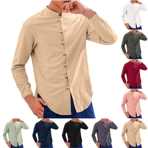 Afuyipoi Oversized Long Sleeve Button Up Shirt for Men,Casual Lapel Collar Lightweight Solid Color Cotton Linen Shirt Beige 2XL
