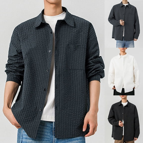 Afuyipoi Oversized Long Sleeve Button Up Shirt for Men,Lightweight Pockets Casual Solid Office Shirts Black L