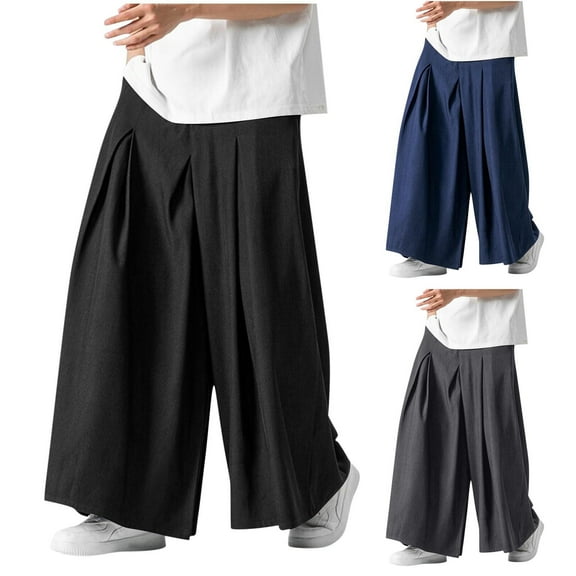 Afuyipoi Oversized Men's Palazzo Pants,Loose with Button Breathable Elastic Waist Wide Leg Pants Navy M/34