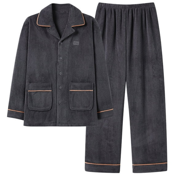 Afuyipoi Pajama Set Men, Solid Color Lapel Lamb Wool Fleece Casual Pajama Suit Dark Gray XL