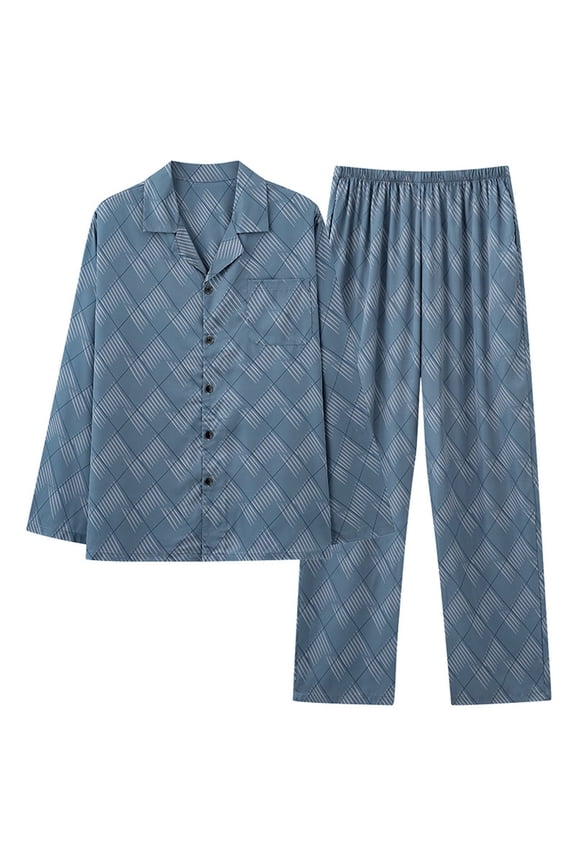 Pajamas Set for Men,Elastic Waist Long Sleeved Pajama Set Men Button-Up Sleepwear Sets Navy 3XL