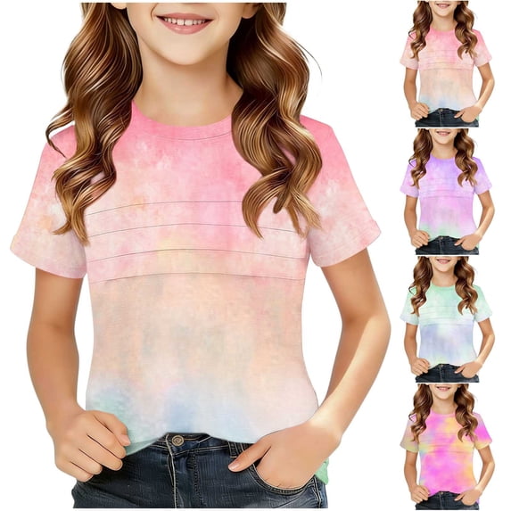 Afuyipoi Pleated Tops for Girls (4-12) Casual Short Sleeve Crew Neck T-shirts Pink Size 7/8