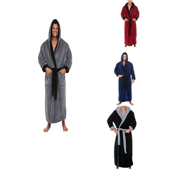 Afuyipoi Robe for Men,Warm Long Sleeved With Pockets Fleece Plush Hooded Bathrobes Gray XL