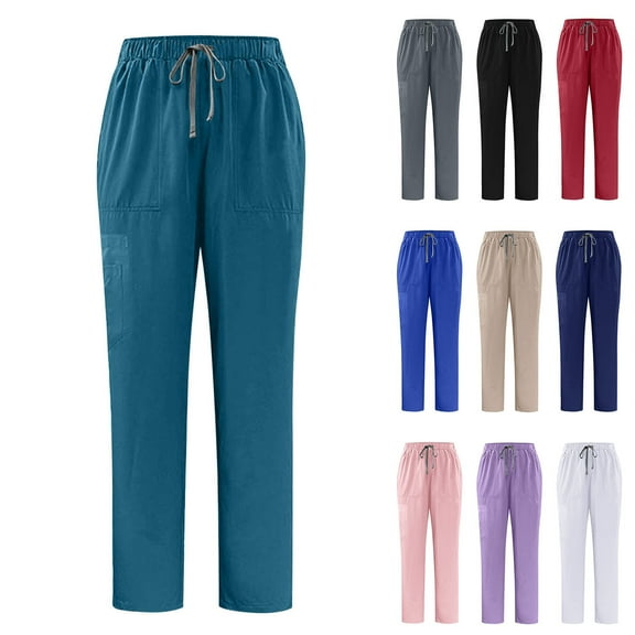 Afuyipoi Scrubs Medical Uniform, Women and Men Elastic Waist Straight Pants with Multi-pockets Dark Blue M