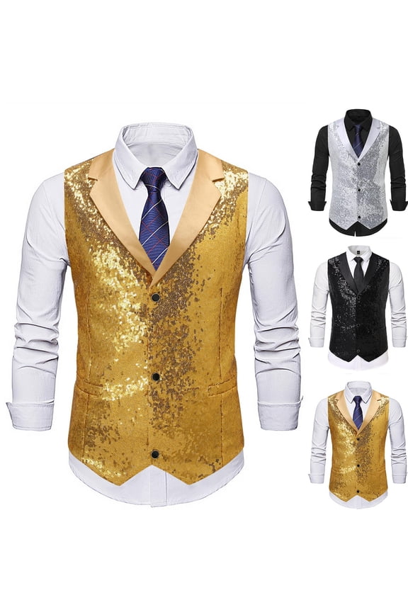 Shiny Sequin Men's Vest Sequin V-neck Sleeveless Stretch Tailored Silver Size L