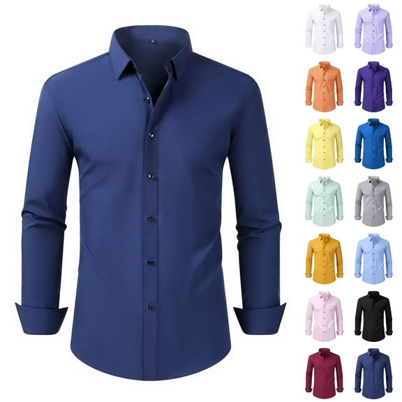 Afuyipoi Shirts for Men Button Up Long Sleeve,Work Soft Comfortable Stand Collar Casual Long Sleeve Shirt Blue L