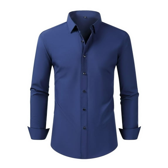 Afuyipoi Shirts for Men Button Up Long Sleeve,Work Soft Comfortable Stand Collar Casual Long Sleeve Shirt Navy 2XL
