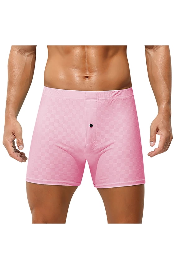 Solid Men Boxers Underpants,Breathable Lightweight Button Fly Elastic Waist Underwear Pink 2XL