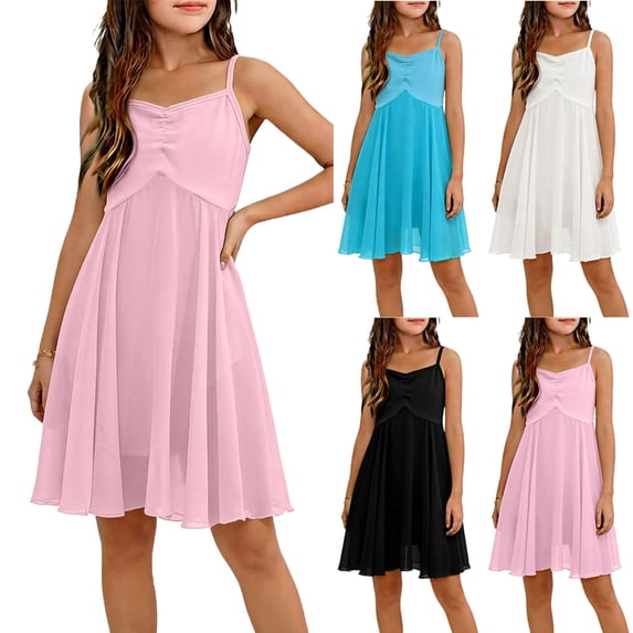Afuyipoi Summer Versatile Dress for Girls(For 3-14), Chiffon Camisole Breathable Lightweight Spaghetti strap A-Line Summer Dress White 11-12Years