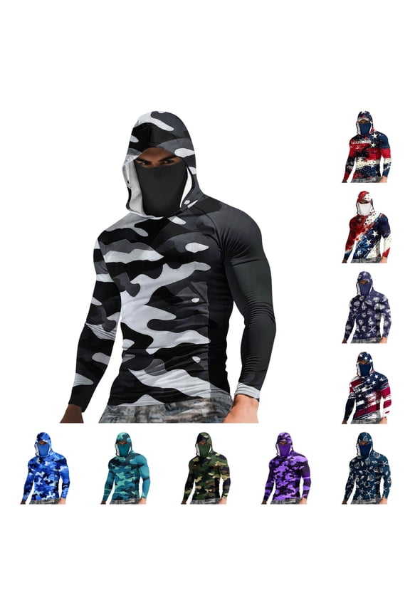 Sun Protection Pullover for Men,Integrated Face Cover Printed Tie-Dye Moisture-Wicking Lightweight Cooling Hooded Top Blue 2XL