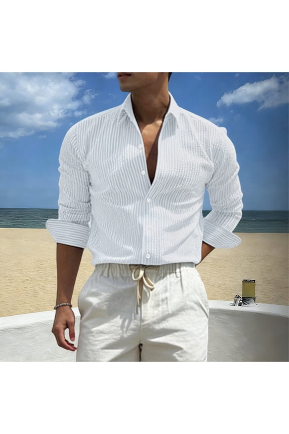 T-Shirts Men,Sun Protection Striped Classic Collar Long Sleeve Shirt White M