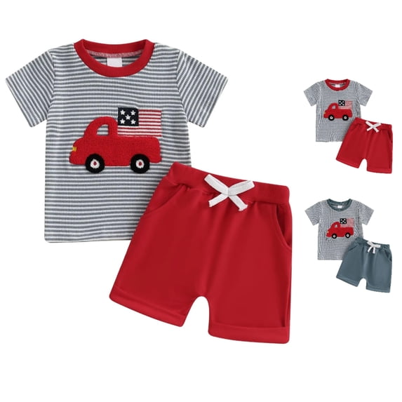 Afuyipoi Toddler Boys 2-Piece Fourth of July Set (0-3 Years) USA Applique Short Sleeve Tee and Elastic Waist Shorts Outfit Blue 12-18 Months