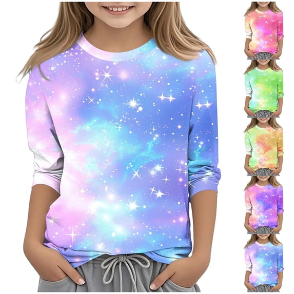 Afuyipoi Toddler Girls T-shirts(3-12), 3/4 Sleeve Round Neck Gradient Color Pullover Tops Green 9 Years