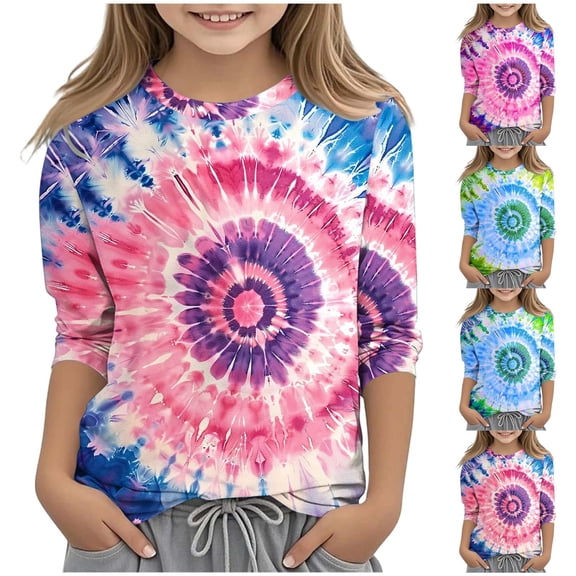 Afuyipoi Toddler Girls T-shirts, 3/4 Sleeve Round Neck Tie-dye Print Pullover Tops Pink 9 Years