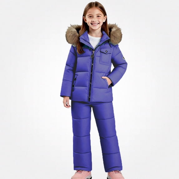 Afuyipoi Toddler Windproof Ski Suit Set 2-PC Hooded Jacket and Adjustable Bib Pants Purple 2T