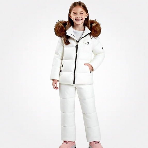 Afuyipoi Toddler Windproof Ski Suit Set 2-PC Hooded Jacket and Adjustable Bib Pants White 2T