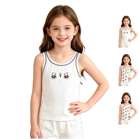 Afuyipoi Toddler and Kids Bear Printed Tank Top (0-10 Years) Summer Round Neck Sleeveless Cotton Tee Breathable Casual Base Layer Top White 3/4