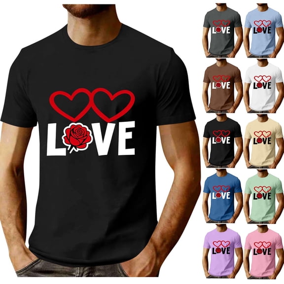 Afuyipoi Valentine's Day T-shirt Men, Love Printed Round-Neck Short Sleeve Graphic Tees Pink M