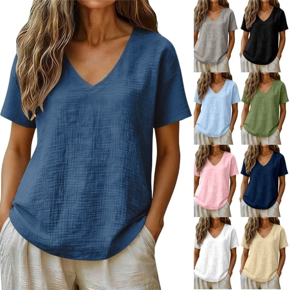 Afuyipoi Women's 100% Cotton Short Sleeve Linen Top, Casual Double Layer Crepe Loose Blouse, Fashion Solid Color Round Neck Shirt, S-3XL Green Size S