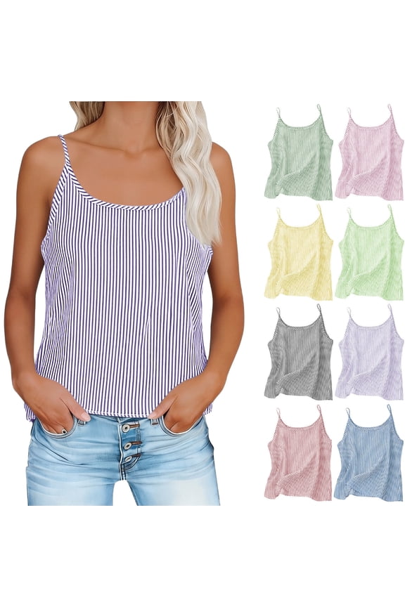 Women's 100% Cotton Striped Cami Tank Tops, Summer Strappy Sleeveless Shirt, Boho Casual V Neck Pullover Blouse, Available in Plus Size Purple Size XL