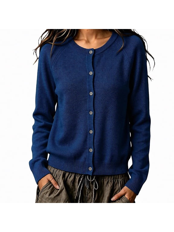Women's Acrylic Soft Knit Sweaters Crew Neck Button Front Tops Size M
