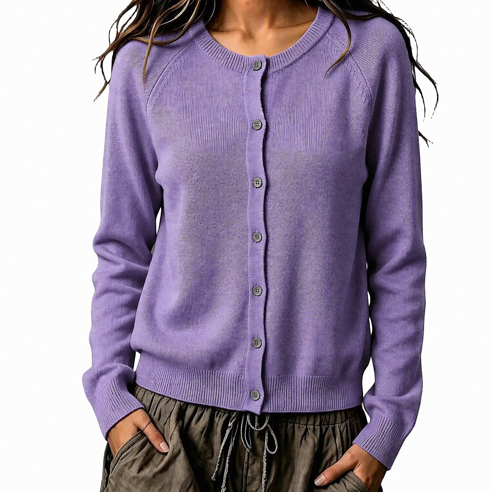 Afuyipoi Women's Acrylic Soft Knit Sweaters Crew Neck Button Front Tops ...