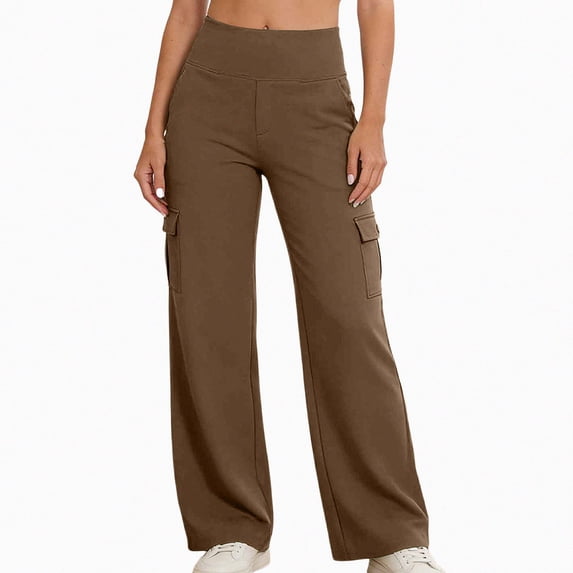 Afuyipoi Women’s Cargo Pants High-Waisted Yoga Work Travel Trousers Coffee 2XL