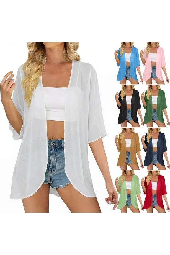 Women's Lightweight Chiffon Cardigan Blouse, Summer Casual Open Front Soft Shawl Top, Flowy Solid Color Beach Vacation Cover Up Pink Size 2XL