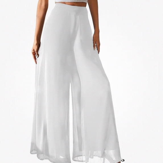 Afuyipoi Women’s Palazzo Pants Chiffon High-Waisted Flowy Pants White XL