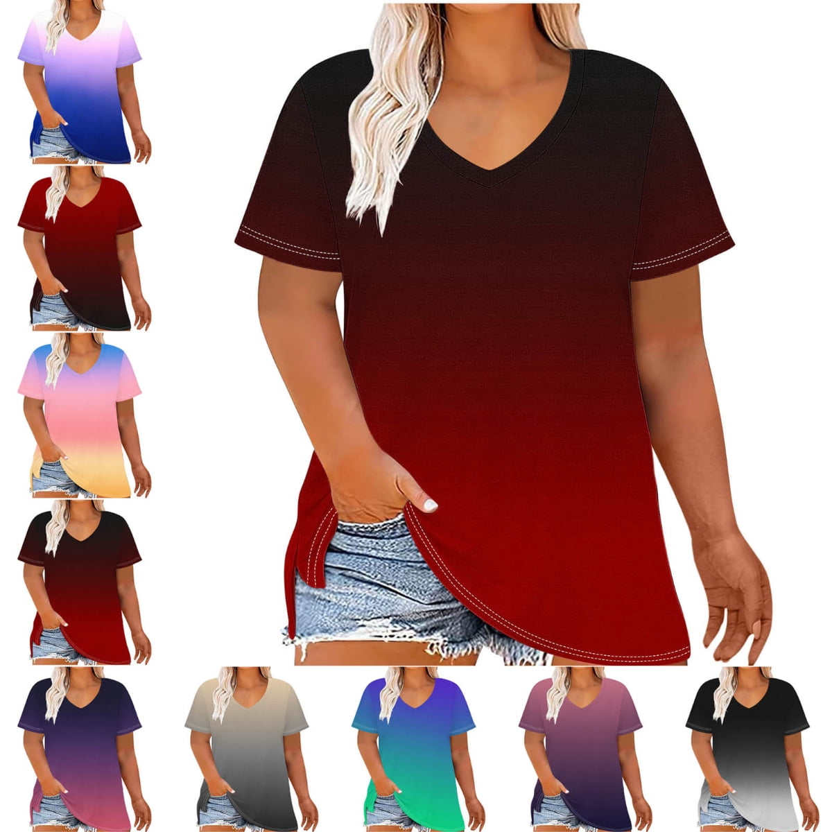 Afuyipoi Women's Plus Size Gradient Printed Blouse, Short Sleeve V-Neck ...