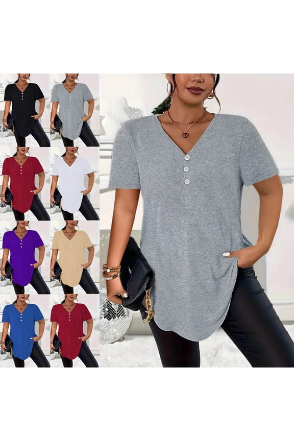 Women's Plus Size Solid Base Layer Blouse, V-Neck Short Sleeve Basic Tee Red Size 2XL