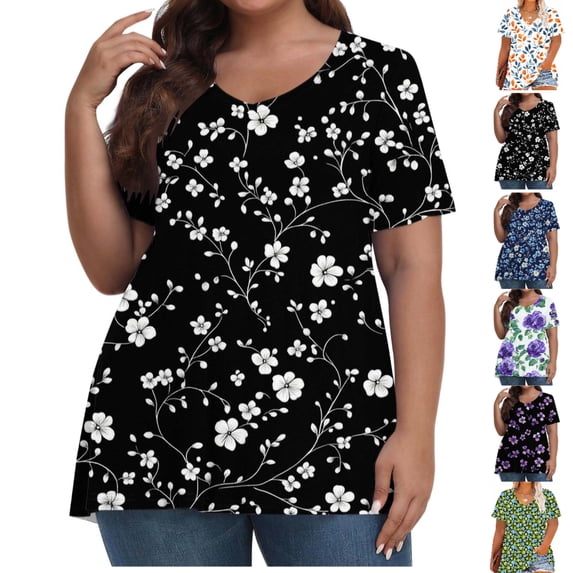 Afuyipoi Women's Plus Size V-Neck Printed Tee, Short Sleeve Casual ...