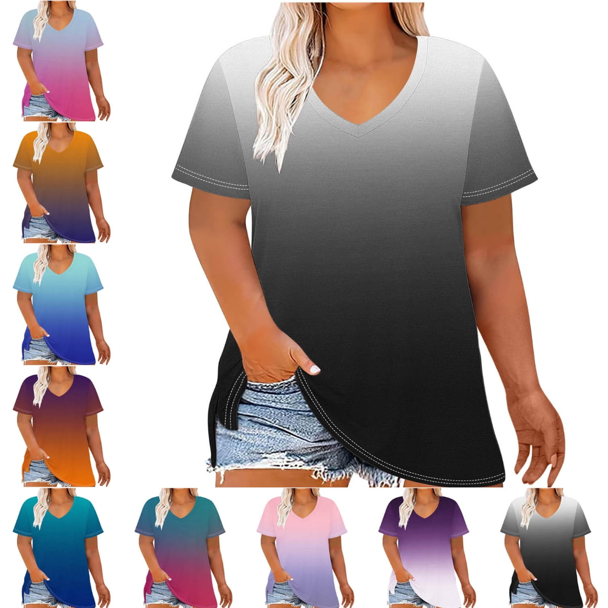 Afuyipoi Women's Plus Size V-Neck T-Shirt, Short Sleeve Gradient ...