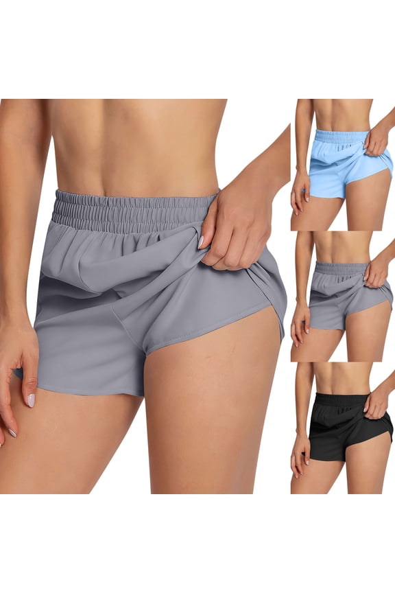 Women's Sport Shorts Quick Dry Side Zipper Pocket Faux Two-piece Fitness Running Yoga Shorts Gray Size M