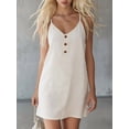 thumbnail image 1 of Afuyipoi Womens 100% Cotton Adjustable Spaghetti Strap V-Neck Button Front Mini Dress, Loose Casual Solid Color Sundress, Soft Breathable Summer Beach Vacation Dress For Women Beige Size L, 1 of 8