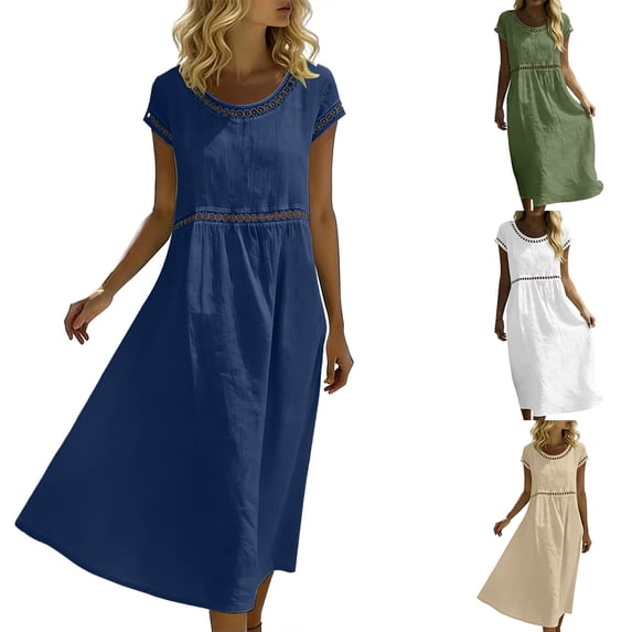 Afuyipoi Womens 100% Cotton Short Sleeve Round Neck Dress, Loose Casual Maxi Summer Dress, Soft Breathable Solid Color Long Vacation Dress For Women Navy Size S