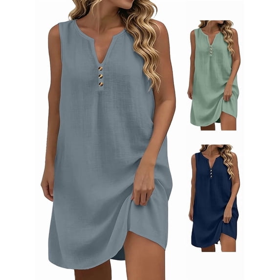 Afuyipoi Womens 100% Cotton Sleeveless Button Strap Loose Casual Mini Dress, Soft Breathable Solid Color Shift Dress, Lightweight Flowy Summer Beach Daily Dress For Women Gray Size XL