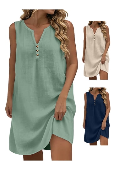 ladies summer cotton shift dresses Summer Dresses for Women Cotton Linen Loose Shift Tunic Smock Midi Dress Casual 3/4 Sleeve Knee Length Beach Dress Blue at Amazon Women's Clothing store