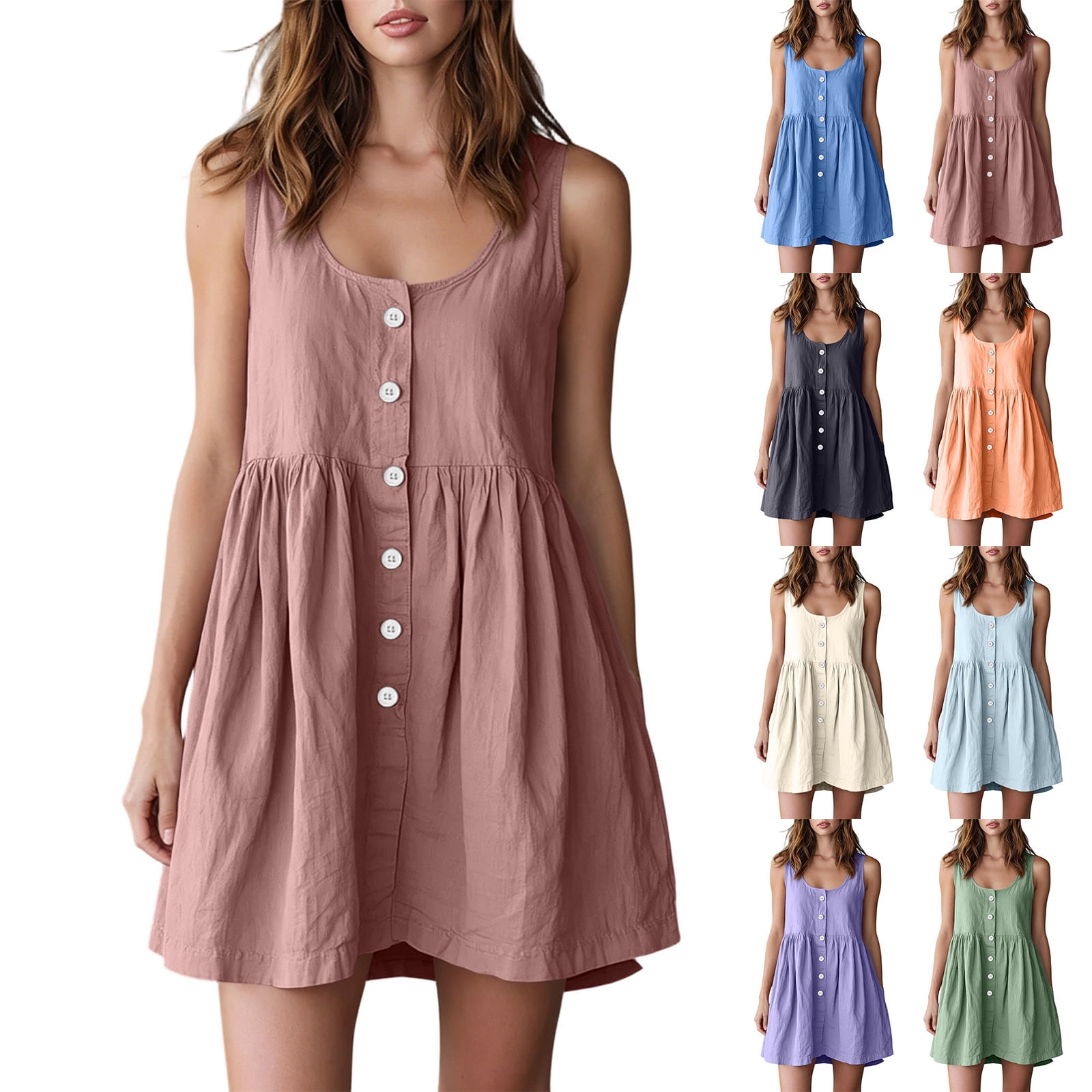 Afuyipoi Womens 100% Cotton Sleeveless Round Neck Loose Midi Dress ...