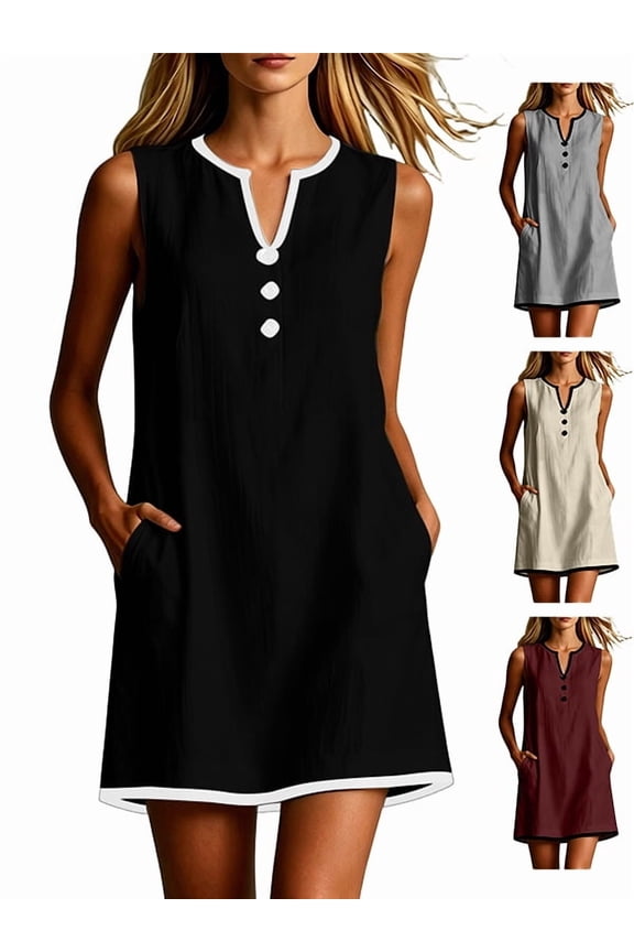 Womens 100% Cotton Sleeveless V-Neck Color Block Pocket Mini Dress, Loose Casual Contrast Trim Button Shift Dress, Soft Breathable Summer Daily Dress For Women Black Size M