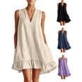thumbnail image 1 of Afuyipoi Womens Cotton Linen Sleeveless Deep V-Neck Mini Dress With Pockets, Loose Ruffle Hem Shift Dress, Soft Breathable Casual Summer Beach Dress For Women Navy Size L, 1 of 8