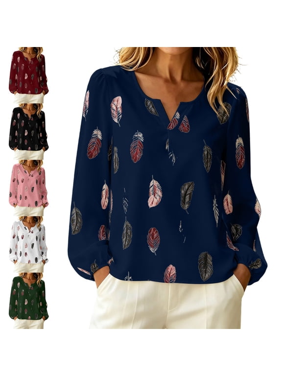 Womens Feather Print V-Neck Long Sleeve Loose Blouse Soft Rayon Blend Top for Fall Layering & Garden Parties Dark Blue Size 2XL